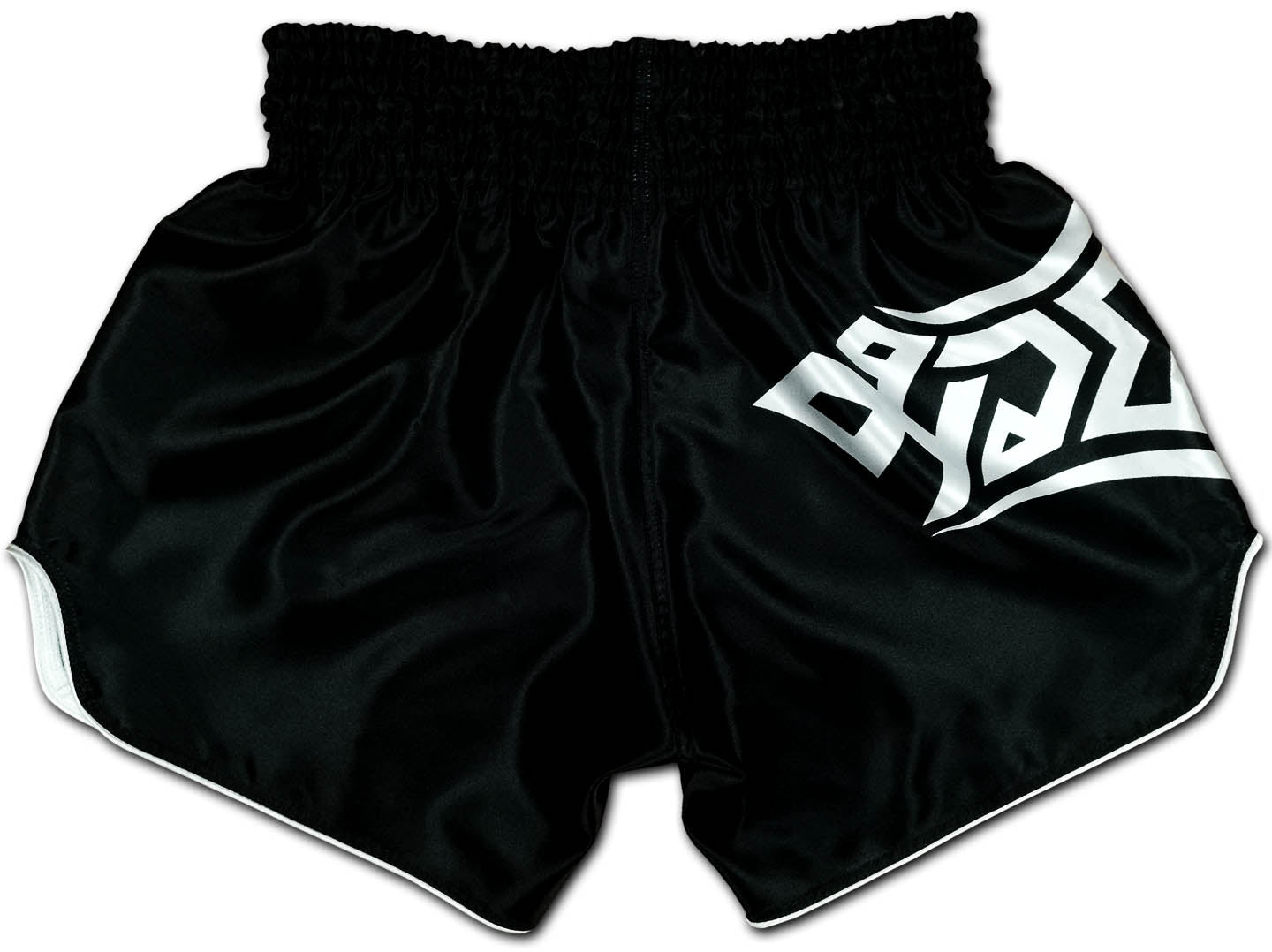 Back view of Tribal Samurai Muay Thai Boxing Shorts in black satin with white tribal artwork and elastic waistband