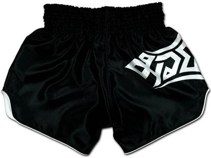 Back view of Tribal Samurai Muay Thai Boxing Shorts in black satin with white tribal artwork and elastic waistband