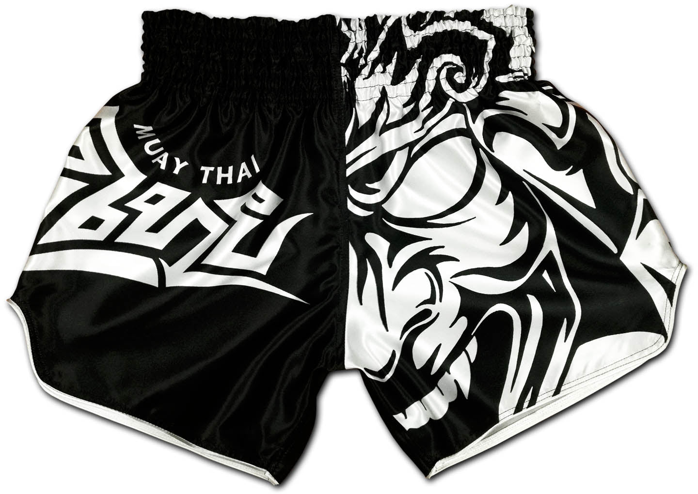 Tribal Samurai Muay Thai Boxing Shorts in black and white satin with bold samurai and tribal artwork on the front
