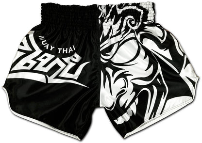 Tribal Samurai Muay Thai Boxing Shorts in black and white satin with bold samurai and tribal artwork on the front