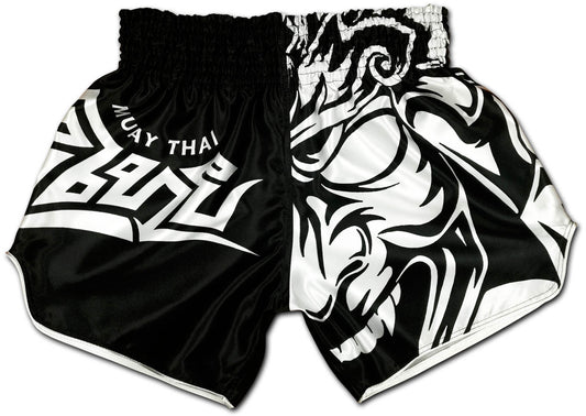 Tribal Samurai Muay Thai Boxing Shorts in black and white satin with bold samurai and tribal artwork on the front
