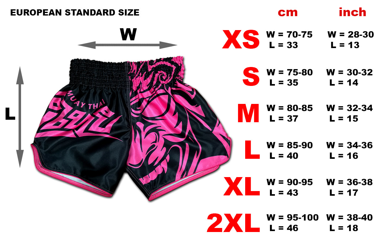 Size chart for women's Tribal Samurai Thai boxing shorts available in XS to 2XL with waist and length measurements in cm and inch