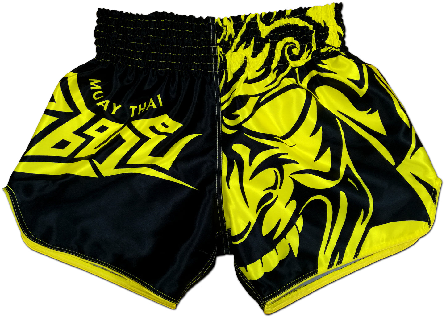 Front view of black and yellow Tribal Samurai Thai boxing shorts featuring a bold yellow oni demon mask graphic and sharp tribal lettering on glossy satin fabric