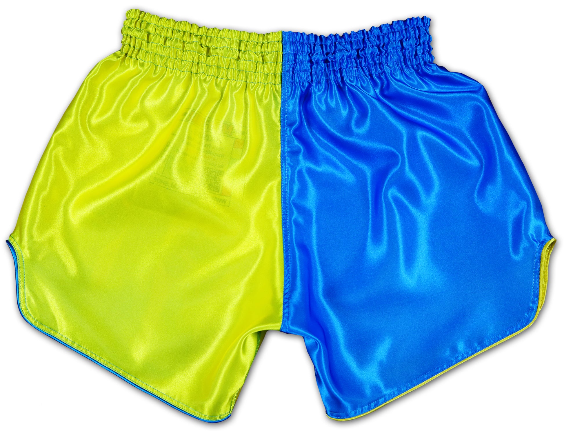 Back view of Ukraine Fight Shorts with split blue and yellow satin design handmade in Thailand