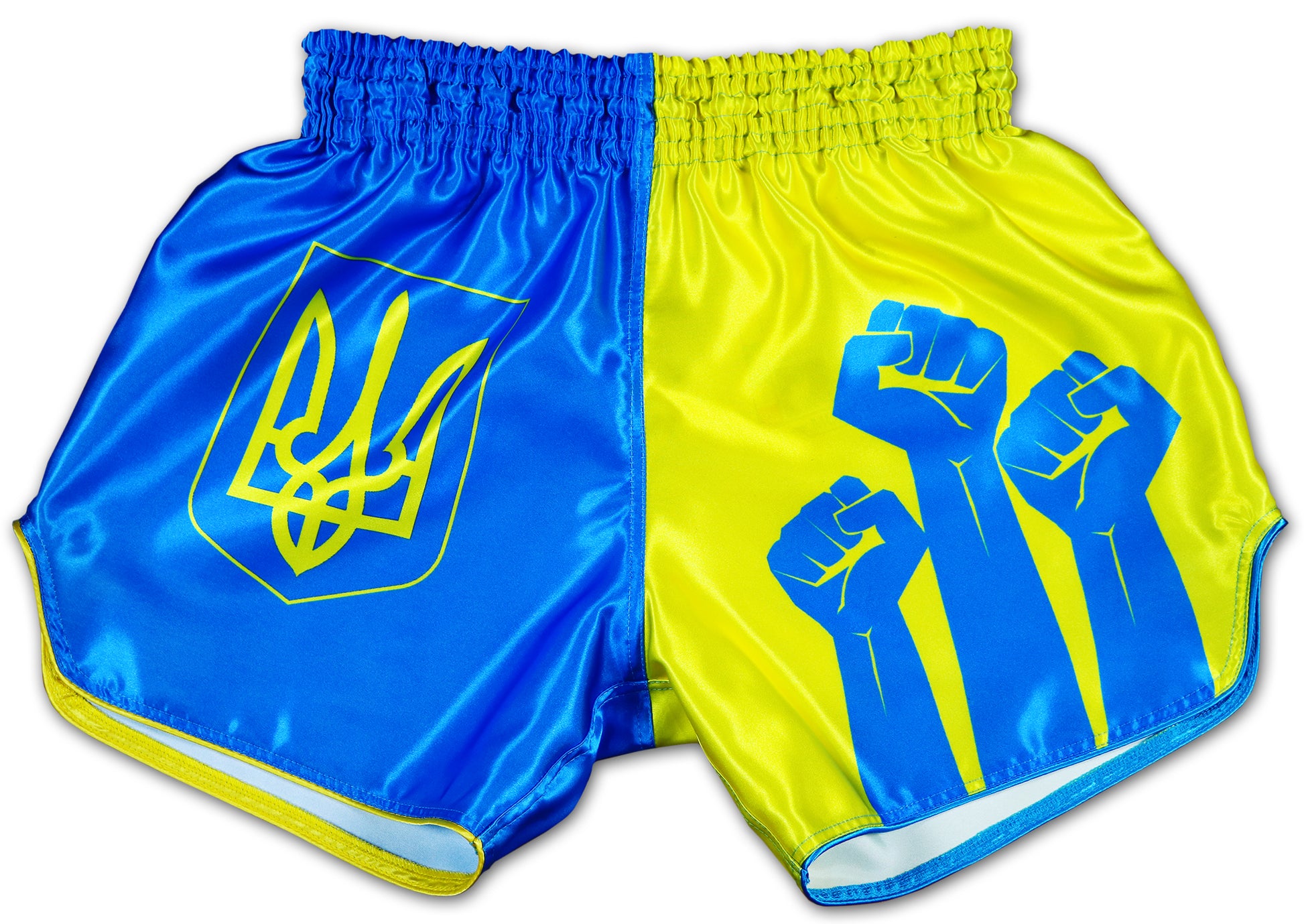 Front view of Ukraine Fight Shorts in blue and yellow with powerful resistance fist design and smooth satin finish
