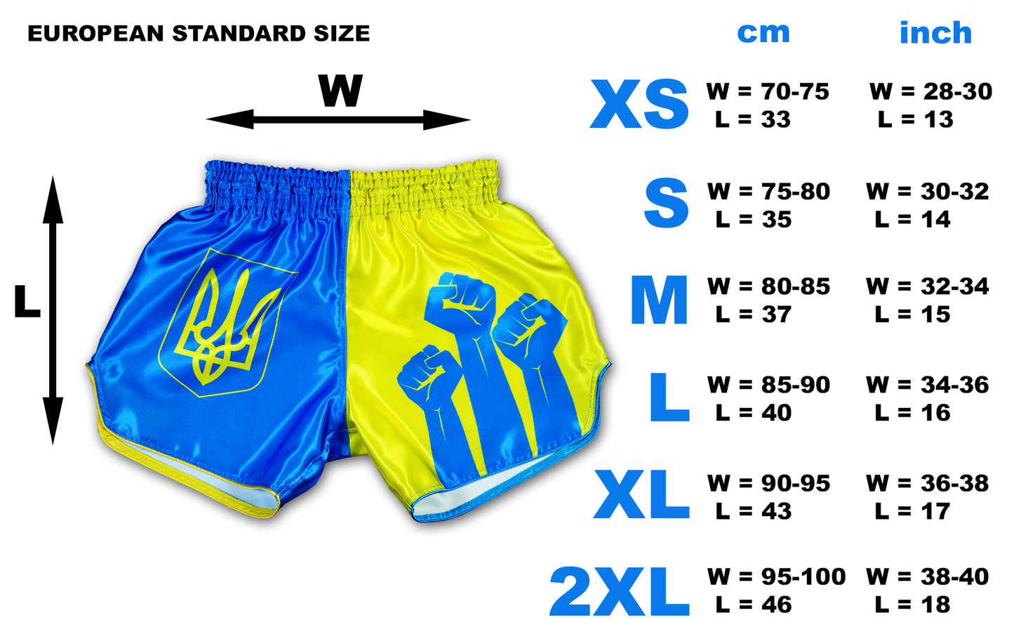 Ukraine Fight Shorts size chart showing European standard sizes XS to 2XL in centimeters and inches