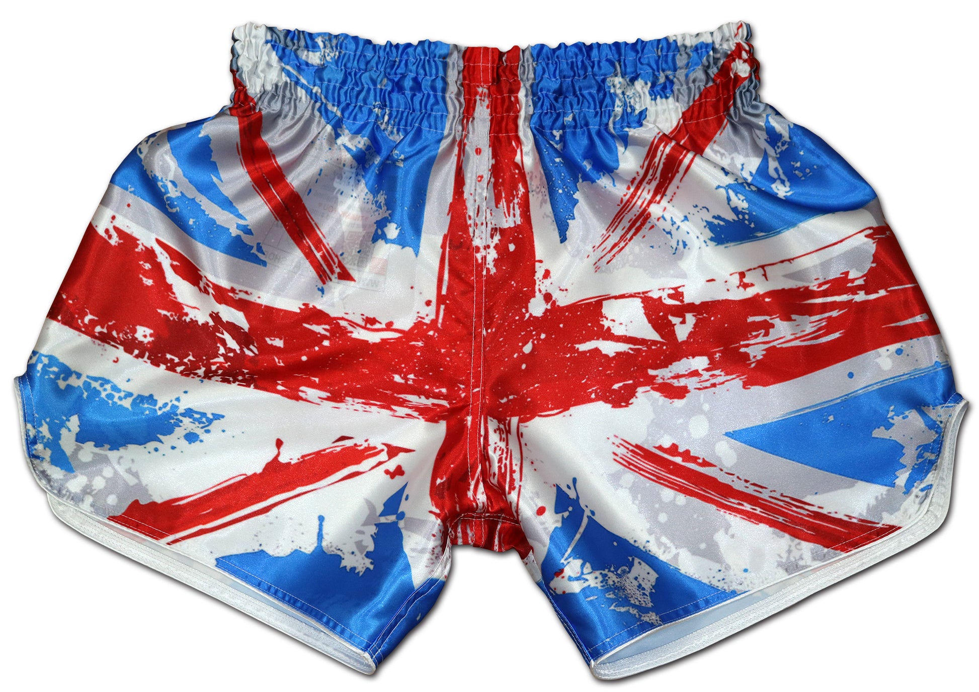 Back view of Union Jack Fight Shorts with grunge British flag pattern and red brush strokes on glossy satin