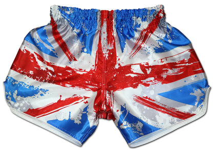 Back view of Union Jack Fight Shorts with grunge British flag pattern and red brush strokes on glossy satin