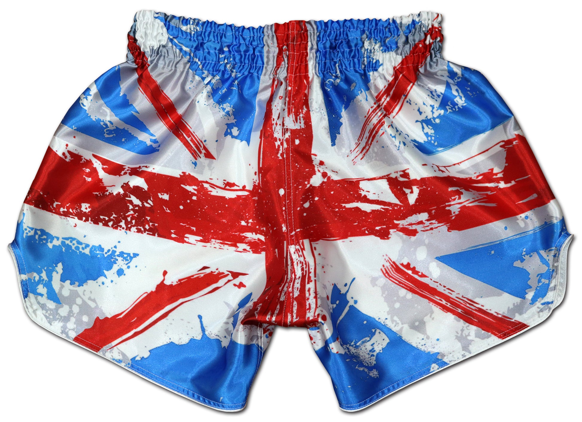 Front view of Union Jack Fight Shorts with splattered British flag design in red, white and blue satin