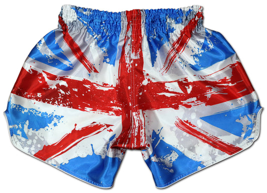 Front view of Union Jack Fight Shorts with splattered British flag design in red, white and blue satin