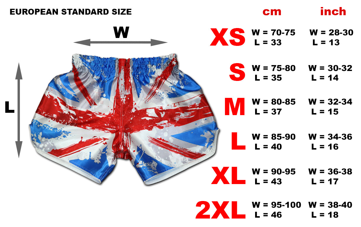 A size chart for the Uniion Jack fight shorts is showing measurements in cm and inches fr sizes XS, S, M, L, XL and 2 XL