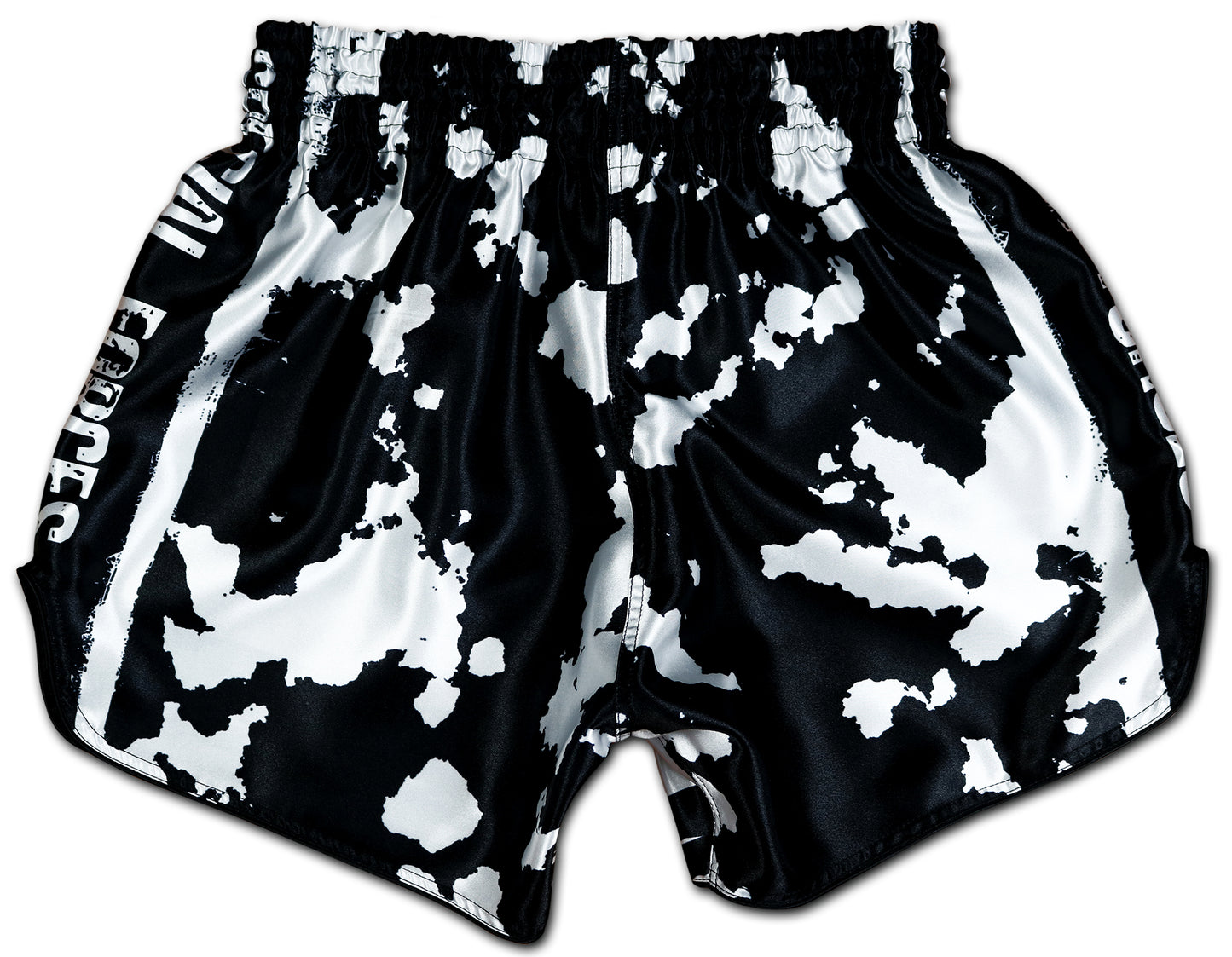 USA Special Forces Black Ops Muay Thai Shorts back view - black white camouflage design