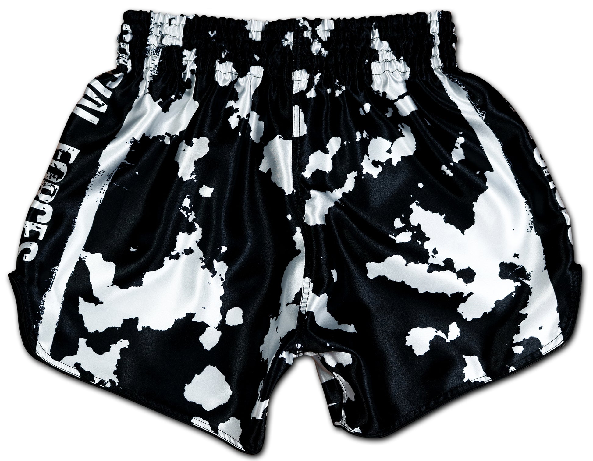 USA Special Forces Black Ops Muay Thai Shorts back view - black white camouflage design