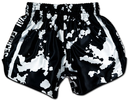 USA Special Forces Black Ops Muay Thai Shorts back view - black white camouflage design
