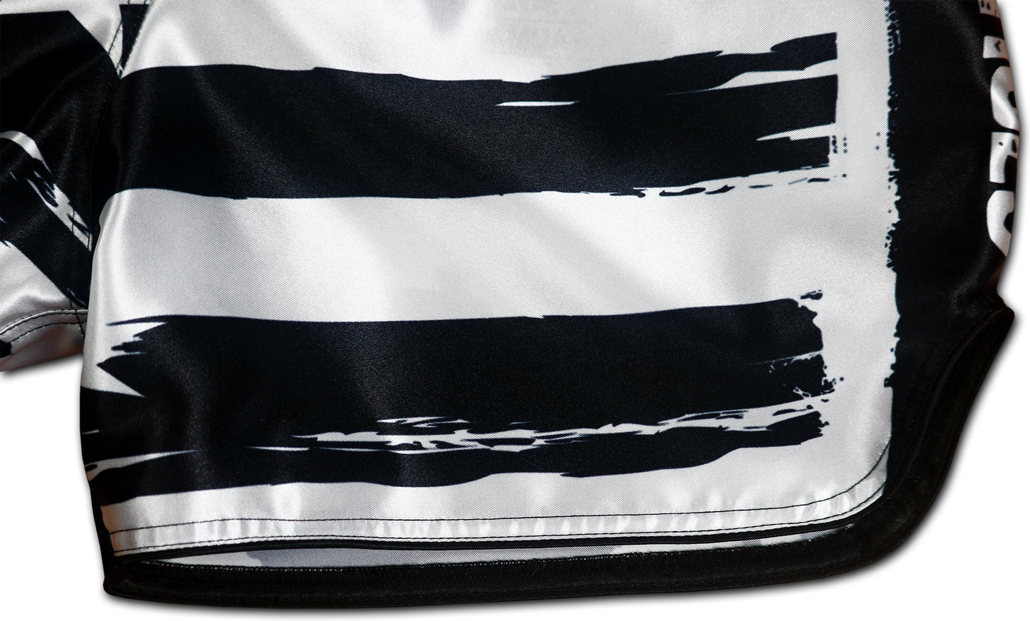 USA Special Forces Black Ops Muay Thai Shorts detail - bold black and white stripes premium sublimation print
