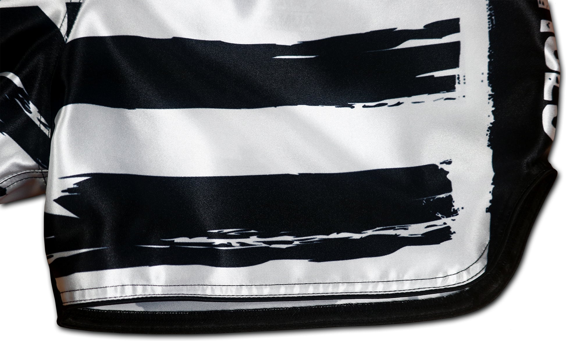 USA Special Forces Black Ops Muay Thai Shorts detail - bold black and white stripes premium sublimation print
