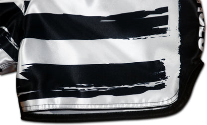 USA Special Forces Black Ops Muay Thai Shorts detail - bold black and white stripes premium sublimation print
