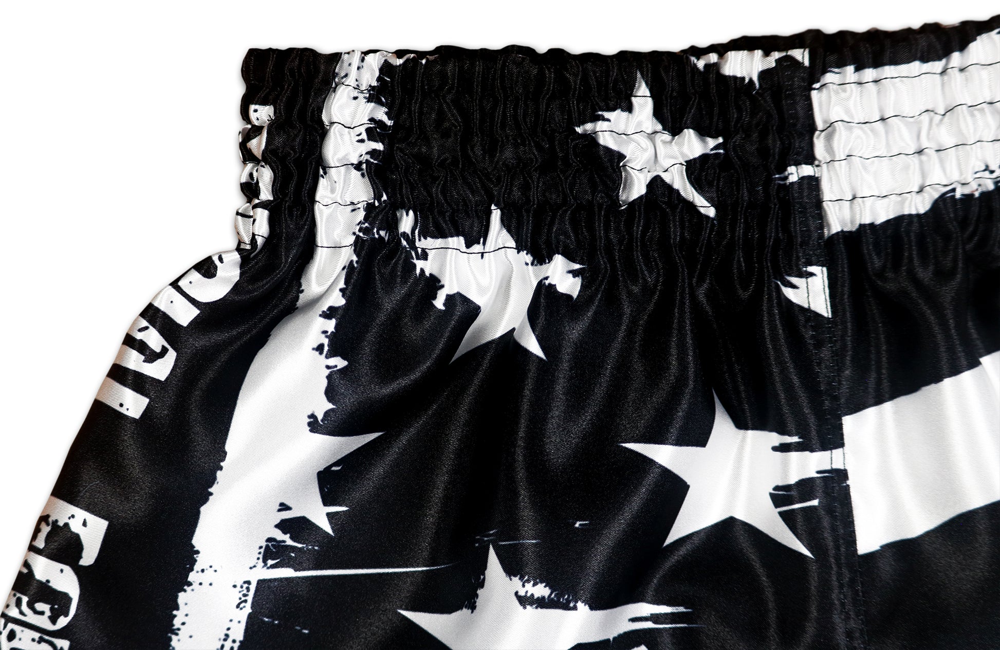 USA Special Forces Black Ops Muay Thai Shorts detail - black waistband with stars and stripes
