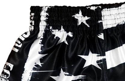 USA Special Forces Black Ops Muay Thai Shorts detail - black waistband with stars and stripes