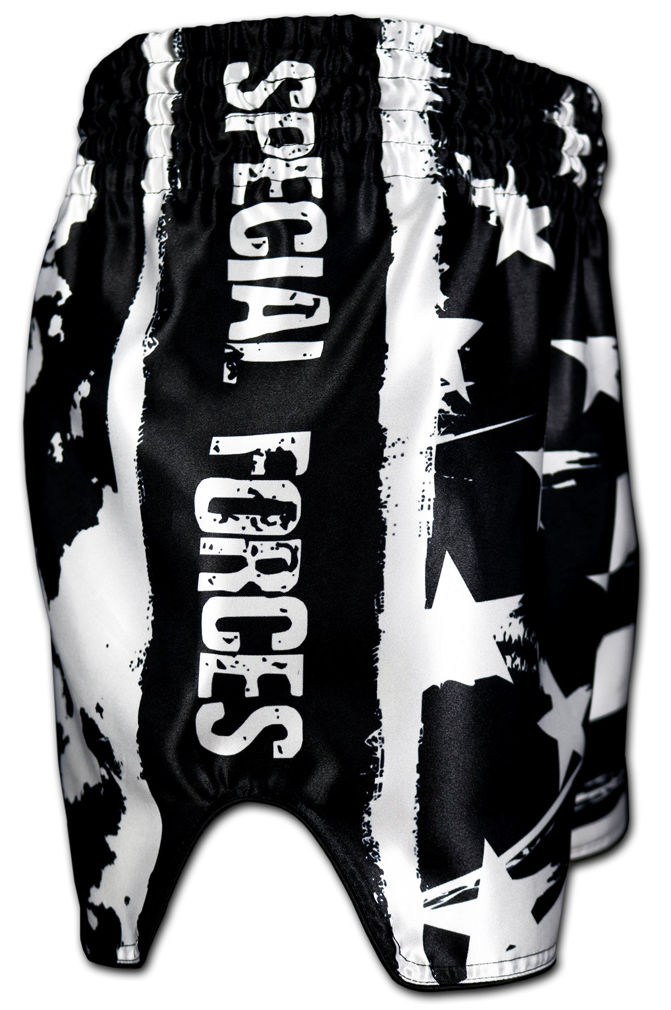 USA Special Forces Black Ops Muay Thai Shorts side view - Special Forces lettering black and white