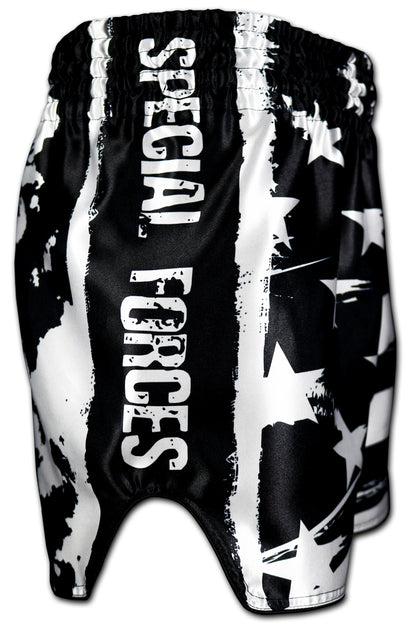 USA Special Forces Black Ops Muay Thai Shorts side view - Special Forces lettering black and white