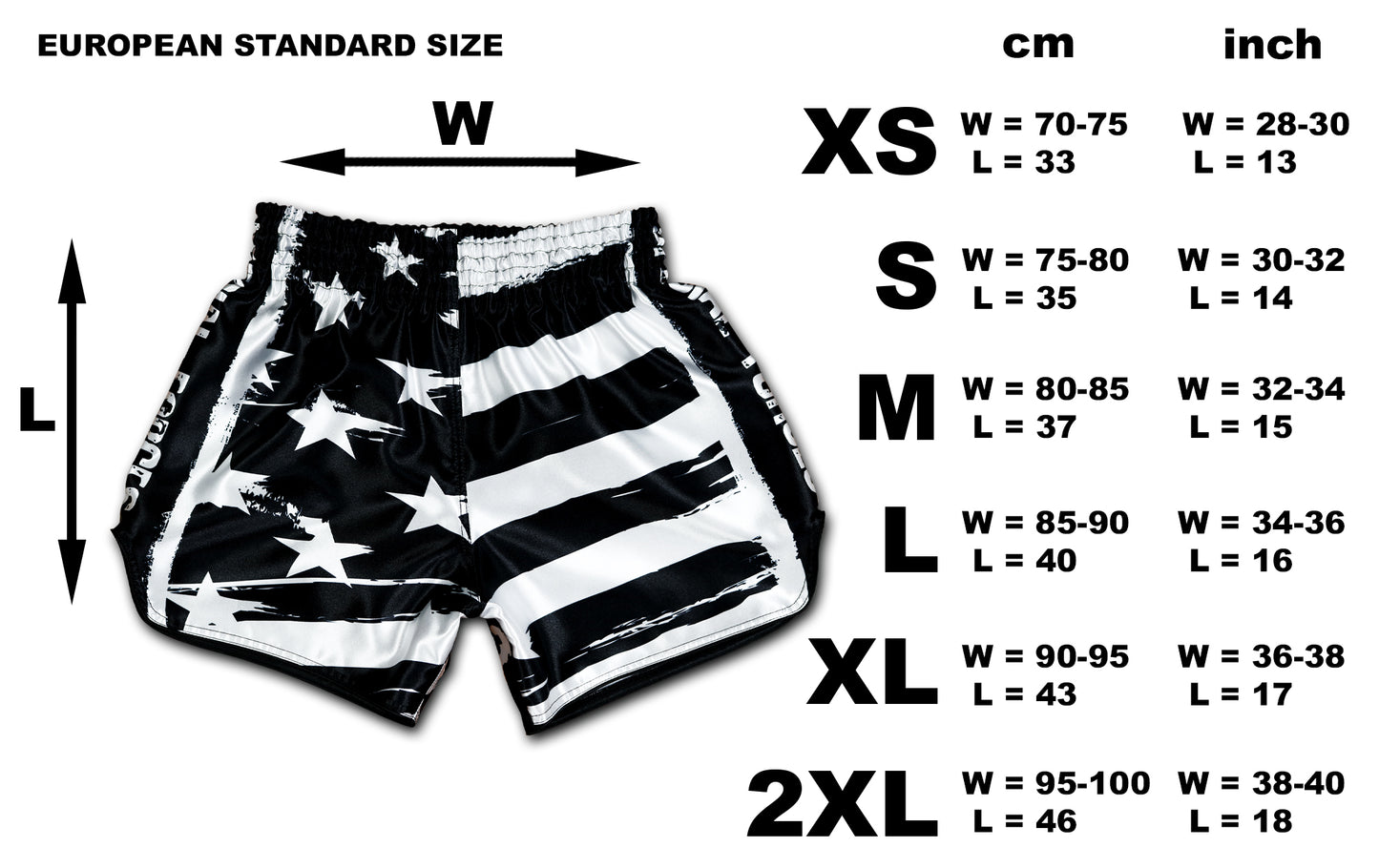 USA Special Forces Black Ops Muay Thai Shorts showing bold black and white stripes with premium sublimation print