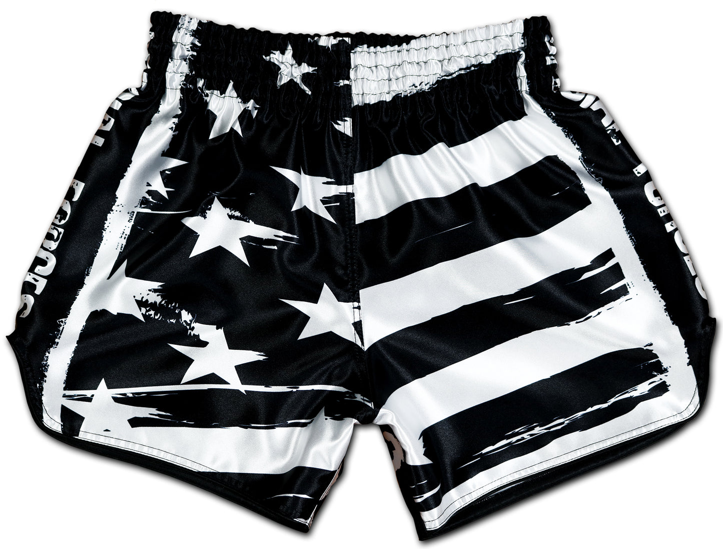 USA Special Forces Black Ops Muay Thai Shorts in black and white with USA flag design, handmade in Thailand