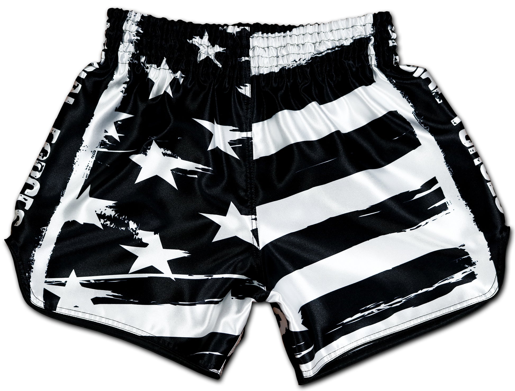 USA Special Forces Black Ops Muay Thai Shorts in black and white with USA flag design, handmade in Thailand