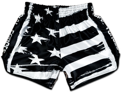 USA Special Forces Black Ops Muay Thai Shorts in black and white with USA flag design, handmade in Thailand