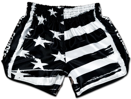 USA Special Forces Black Ops Muay Thai Shorts in black and white with USA flag design, handmade in Thailand