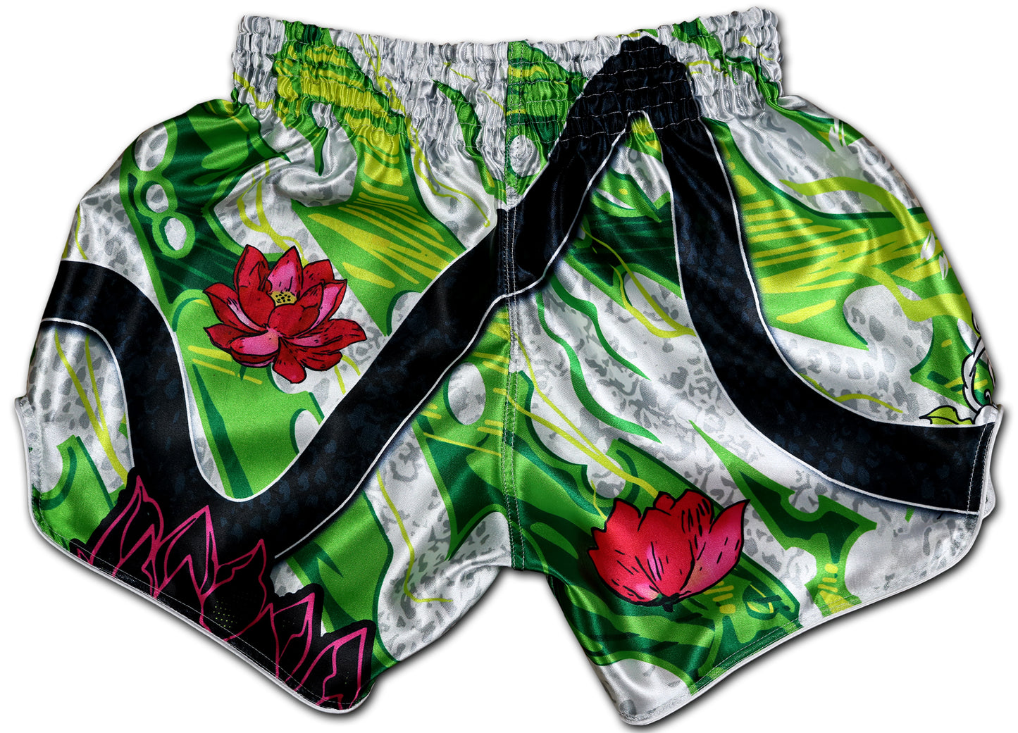 White Cobra Muay Thai Boxing Shorts back view - white silver green cobra snake design with lotus flowers