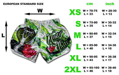 White Cobra Muay Thai Boxing Shorts size chart - European standard sizes XS to 2XL in cm and inch