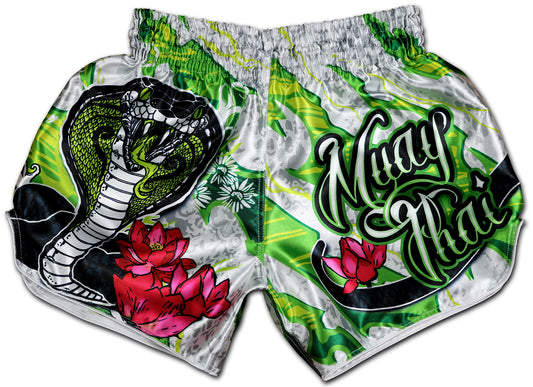 White Cobra Muay Thai Boxing Shorts in white, silver and green with cobra design and lotus blossoms, handmade in Thailand