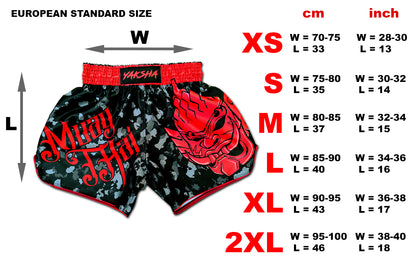 Size chart for YAKSHA Black Red Camouflage kickboxing shorts, European standard XS to 2XL in cm and inch