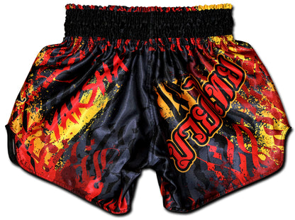 YAKSHA Firestarter Thai boxing shorts back view, red orange yellow MUAY THAI lettering on black satin