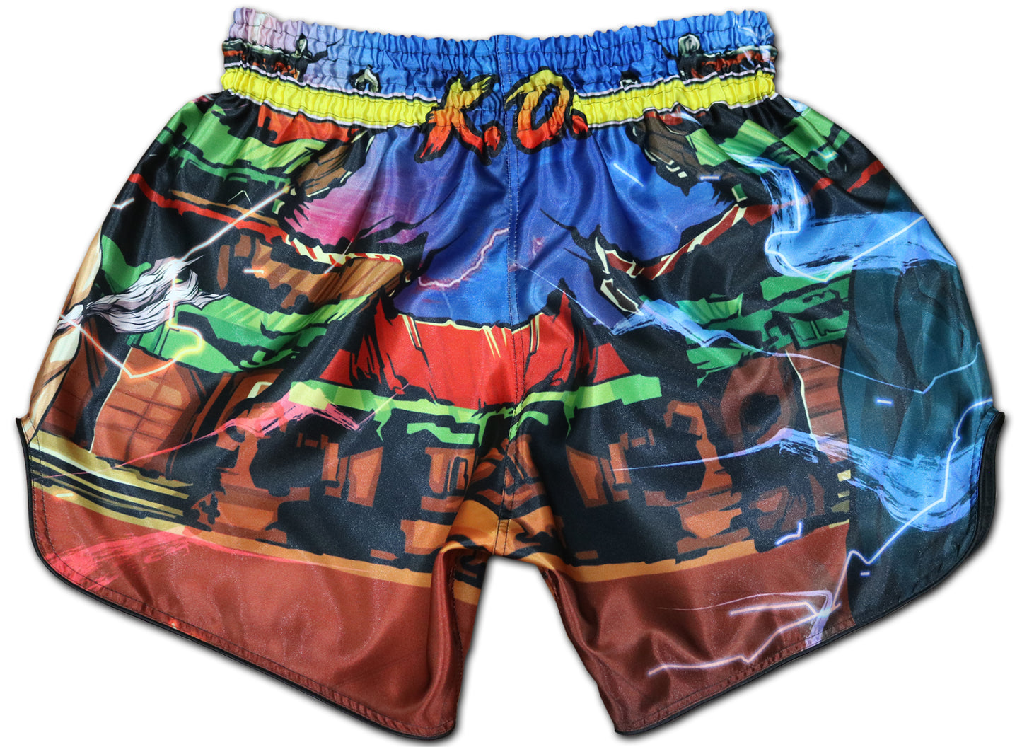Back view of YAKSHA Street Fighter shorts with K.O. lettering on the elastic waistband