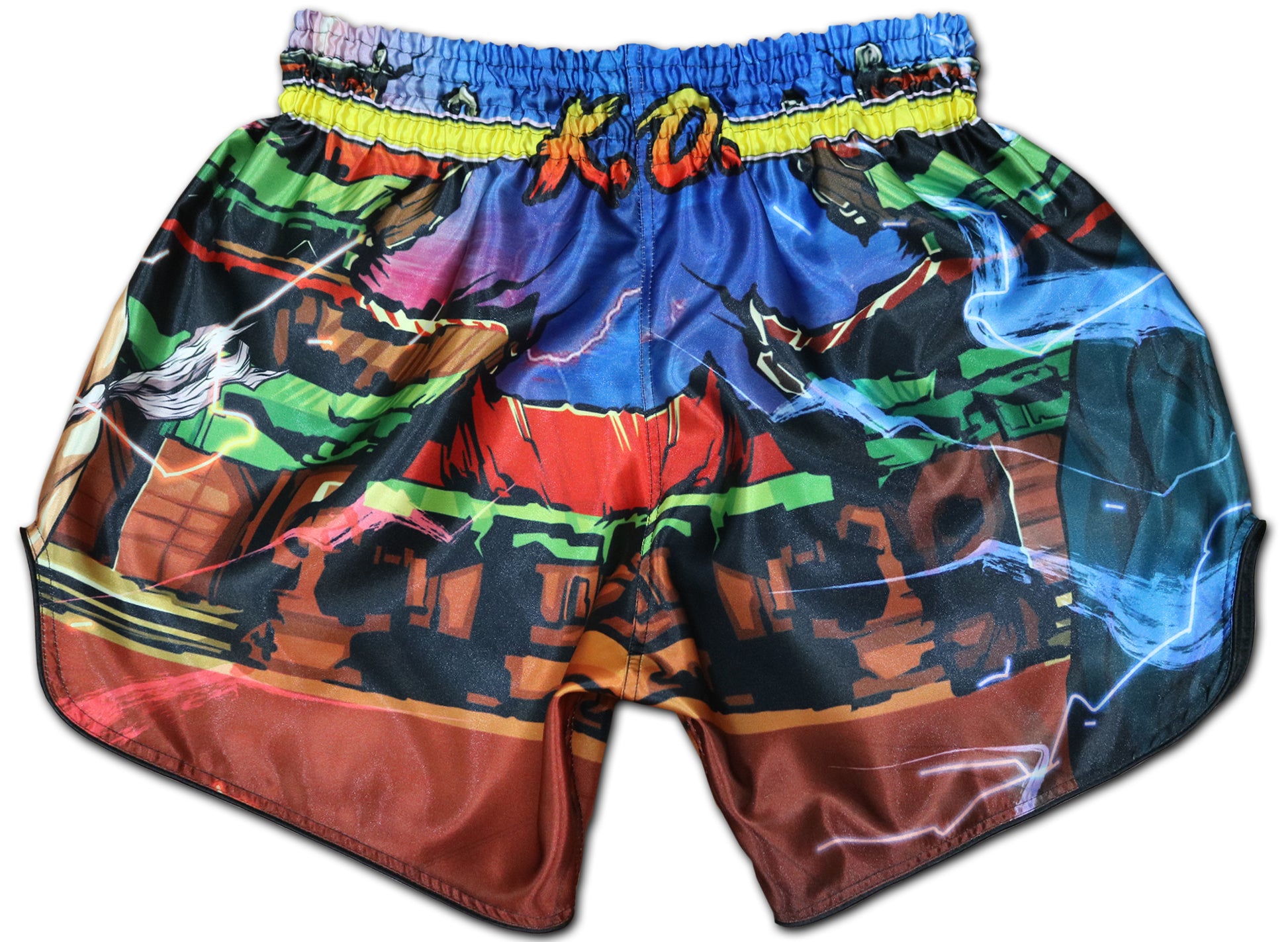 Back view of YAKSHA Street Fighter shorts with K.O. lettering on the elastic waistband
