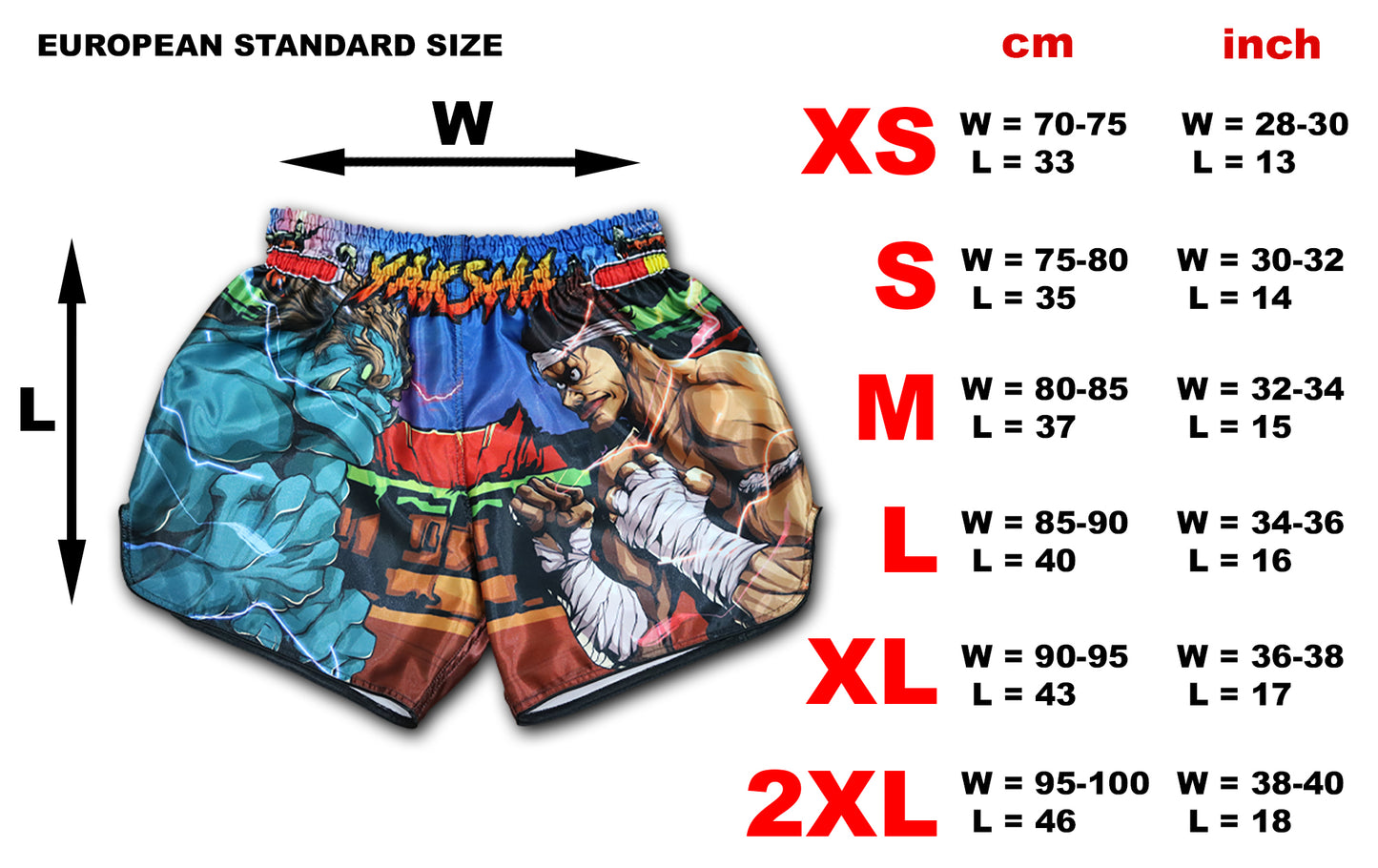 European size chart for YAKSHA Street Fighter shorts with measuremnts for size XS, S, M, L, XL and 2XL in cm and inches